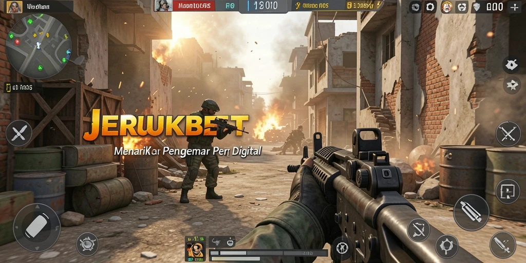 Screenshot utama JERUKBET menampilkan aksi tembak-menembak yang intens.
